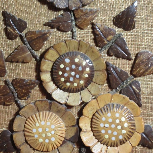 Vintage Hand-Carved Coconut Shell Flower Arrangement on Plaque - Picture 4 of 6